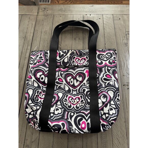 LeSportSac Carlin Top Zip Tote Bag Heart Love Pattern Purple Pink Black Retro - Picture 1 of 6